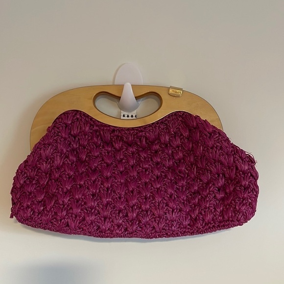 VTG Sears Purse Handbag Wood Japan Pink Raffia Boho Knit Retro Pop - Picture 1 of 12